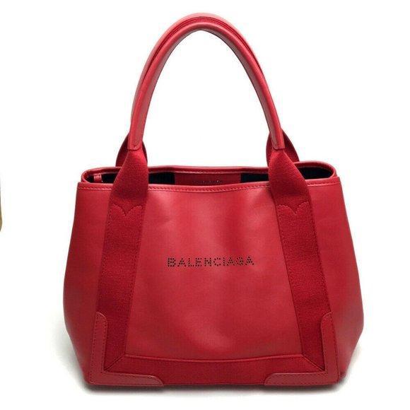 Authentic BALENCIAGA Navy Cabas S Tote Bag Shoulder Bag Red Leather - Picture 1 of 10